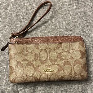 Coach Signature Tan and Brown Wristlet